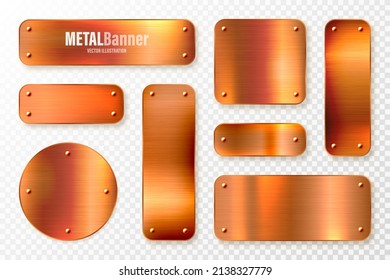 Realistic copper banners collection. Brushed stainless steel plate with rivets. Polished metal surface. Scratched industrial texture, metal background. Vector illustration.