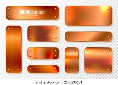 Realistic copper banners collection. Brushed stainless steel plate with rivets. Polished metal surface. Scratched industrial texture, metal background. Vector illustration.