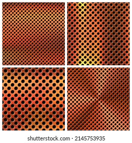 Realistic copper banners collection. Brushed stainless steel plate. Polished metal surface. Scratched industrial texture, perforated metal background. Vector illustration.