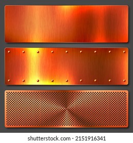 Realistic copper banners collection. Brushed stainless steel plate. Polished metal surface. Scratched industrial texture, metal background. Vector illustration.