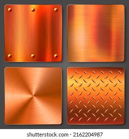 Realistic copper banners collection. Brushed stainless steel plate. Polished metal surface. Scratched industrial texture, metal background. Vector illustration.