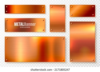 Realistic copper banners collection. Brushed stainless steel plate with rivets. Polished metal surface. Scratched industrial texture, metal background. Vector illustration.