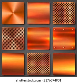 Realistic copper banners collection. Brushed stainless steel plate. Polished metal surface. Scratched industrial texture, metal background. Vector illustration.