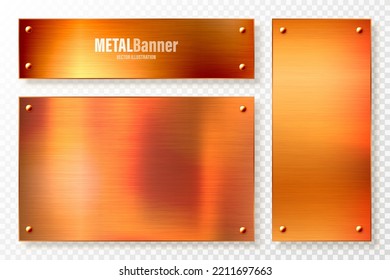 Realistic Copper Banners Collection. Brushed Stainless Steel Plate With Rivets. Polished Metal Surface. Scratched Industrial Texture, Metal Background. Vector Illustration.