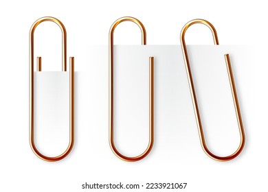 Realistic copper paperclip attached to paper isolated on white background. Shiny metal paper clip, page holder, binder. Workplace office supplies. Vector illustration