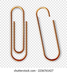 Realistic copper paperclip attached to paper isolated on white background. Shiny metal paper clip, page holder, binder. Workplace office supplies. Vector illustration