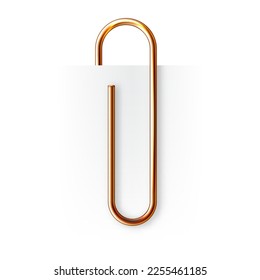 Realistic copper paperclip attached to paper isolated on white background. Shiny metal paper clip, page holder, binder. Workplace office supplies. Vector illustration