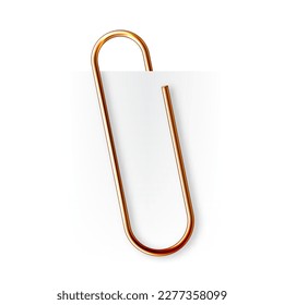 Realistic copper paperclip attached to paper isolated on white background. Shiny metal paper clip, page holder, binder. Workplace office supplies. Vector illustration