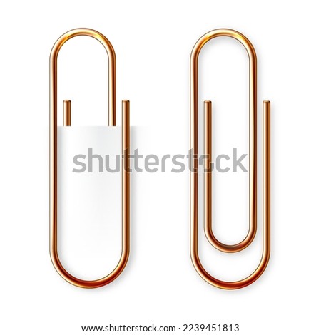 Realistic copper paperclip attached to paper isolated on white background. Shiny metal paper clip, page holder, binder. Workplace office supplies. Vector illustration