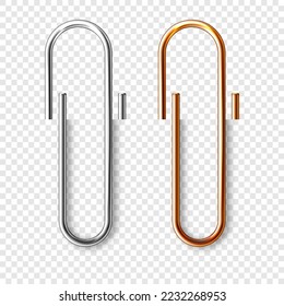 Realistic copper and steel paperclips attached to paper. Shiny metal paper clip, page holder, binder. Workplace office supplies. Vector illustration