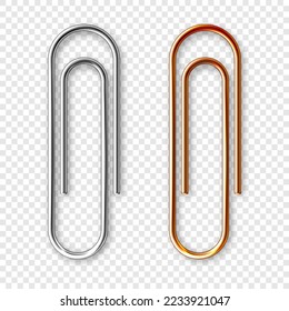 Realistic copper and steel paperclips attached to paper. Shiny metal paper clip, page holder, binder. Workplace office supplies. Vector illustration