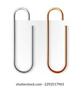 Realistic copper and steel paperclips attached to paper isolated on white background. Shiny metal paper clip, page holder, binder. Workplace office supplies. Vector illustration