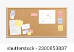 Realistic cork board with memo papers. Vector illustration of bulletin with pinned message stickers, weekly schedule planner, to-do list sheet, blank color sticky notes. Time management template