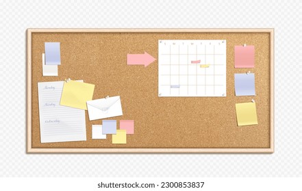 Realistic cork board with memo papers. Vector illustration of bulletin with pinned message stickers, weekly schedule planner, to-do list sheet, blank color sticky notes. Time management template