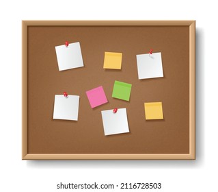 Realistic cork board with pinned paper notepad sheets. Corkboard for memo, stickers and notes. Noteboard made of cork with some pins and blank papers. Vector illustration