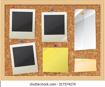 A Realistic Cork Bulletin Board With Pinned Pieces Of Paper And Photos. Vector EPS 10. EPS Contains Transparencies.