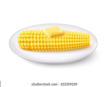 Realistic corn cob with butter on white saucer vector illustration