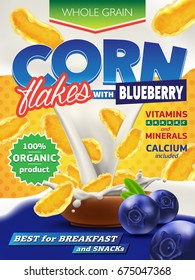 Realistic corn flakes ad illustration with big milk splash and fresh blueberry high quality art for advertising flyer, poster or label design