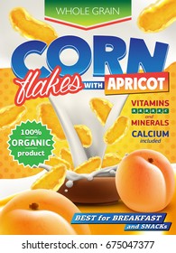 Realistic corn flakes ad illustration with big milk splash and peach or apricot high quality art for advertising flyer, poster or label design