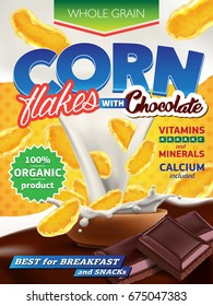 Realistic corn flakes ad illustration with big milk splash and chopped chocolate high quality art for advertising flyer, poster or label design