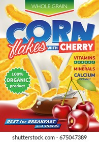 Realistic corn flakes ad illustration with big milk splash and sweet cherry high quality art for advertising flyer, poster or label