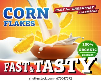 Realistic corn flakes ad illustration with big milk splash high quality art for advertising flyer, poster or label