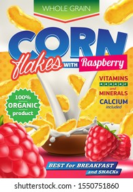 Realistic corn flakes with sweet delicious raspberry ad illustration with big milk splash. High quality art for advertising flyer, poster or label