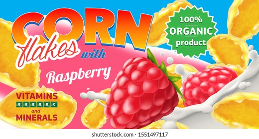 Realistic corn flakes with sweet delicious raspberry ad illustration with big milk splash. High quality art for advertising flyer, poster or label