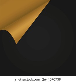 Realistic corner page curl with golden paper revealing dark background, elegant folded corner effect for premium banner, invitation, promotion, presentation or website layout
