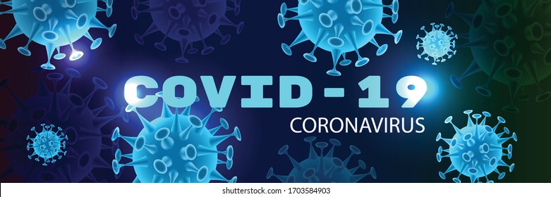 Realistic coronavirus background with covid-19 text and images of neon bacteria viruses with light spots vector illustration