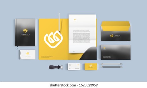 Realistic corporate identity mockup. Brand style template with orange color and stone marble background. Fire flame sign logo. Premium stationery set to presentation your business.