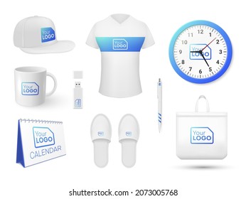 Realistic corporate souvenirs set vector illustration. Collection promotion design for company branding identification isolated on white. Template cap, slippers, t shirt, watch, pen, mug, calendar