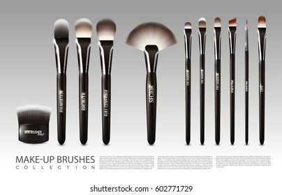 Realistic cosmetic accessories set with powder blush fan concealer liner lip and eye shadow brushes isolated vector illustration