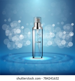 Realistic cosmetic ads with moisturizing spray glass bottle on blue shining background.  Vector 3d illustration for design  placard, presentation, banners and cover.