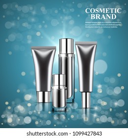 Realistic cosmetic ads template with moisturizing spray glass bottles and cream tubes with metallic caps on shining blue background.  Vector 3d illustration for design, presentation, banners.