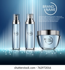 Realistic cosmetic ads template with moisturizing spray bottles and cream jar on blue shining background.  Vector 3d illustration for design  placard, presentation, banners and cover.