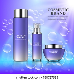 Realistic cosmetic ads template with moisturizing spray bottles and cream jar on blue shining background.  Vector 3d illustration for design  placard, presentation, banners and cover.