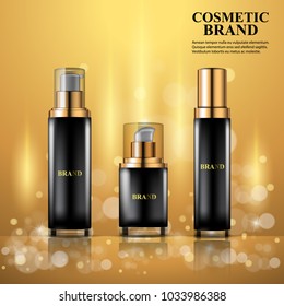 Realistic cosmetic ads template with set of moisturizing spray black glass bottles on shining background.  Vector 3d illustration for design  placard, presentation, banners and cover.