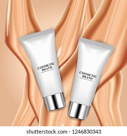 Realistic cosmetic ads template with white cream tubes and splashes of tonal fluid.  Vector 3d illustration for design  placard, presentation, banners and cover.