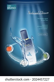 realistic cosmetic advertising poster Skincare bottle with lotion on an underwater blue background with air water and light element. Replicate a magazine or catalog with organic cosmetics.