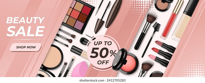 Cartel cosmético realista. Cartel de venta de productos de maquillaje, cosméticos decorativos y cepillos. Tienda de maquillaje de publicidad, diseño de moda de vector pito