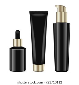 Realistic cosmetic black bottles with gold caps. Vector containers for cream and tubes for cream, lotion, gel, balsam, foundation cream. 3d Illustration for your design