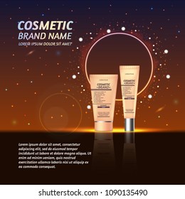 Realistic cosmetic bottle ads template. Cosmetic brand advertising concept design with glitters and sparkles abstract sky background.