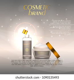 Realistic cosmetic bottle ads template. Cosmetic brand advertising concept design with glitters and bokeh background.