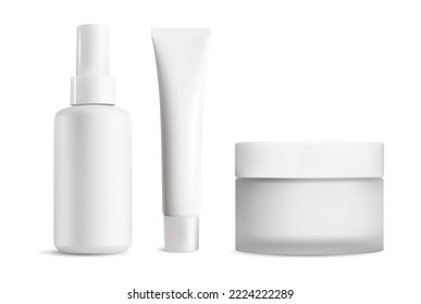 Realistische Kosmetikflasche. Beauty Product Container Set, weißer Plastikvektor-Leer. Einziger Sprühflasche, Sahne-Tube und Glas-Sammelpackung. Klare Wellness-Hygieneobjekte für die Kennzeichnung