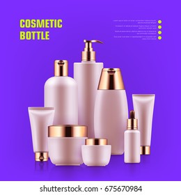 Realistic cosmetic bottle. Beauty products mockup, hair, skin-care, makeup and fragrance set. Fashion glam concept. Realistic vector illustration on purple background
