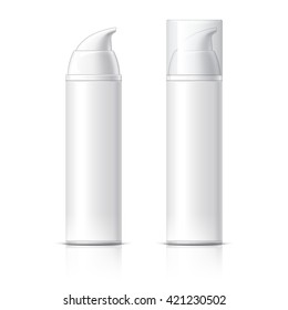 Realistic Cosmetic bottle can sprayer container. Dispenser for cream, soups, foams and other cosmetics With lid and without. Template For Mock up Your Design. vector illustration.