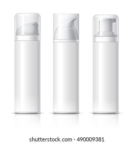 Realistic Cosmetic bottle can sprayer container. Dispenser for cream, soups, and other cosmetics With lid. Template For Mock up Your Design. vector illustration.