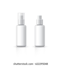 Realistic Cosmetic bottle can sprayer container. Dispenser for cream, foams and other cosmetics With lid and without. Template For Mock up Your Design.