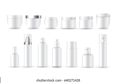 Realistic Cosmetic bottle can sprayer container. Dispenser for cream, foams and other cosmetics with lid and without. Template For mock up Your design.